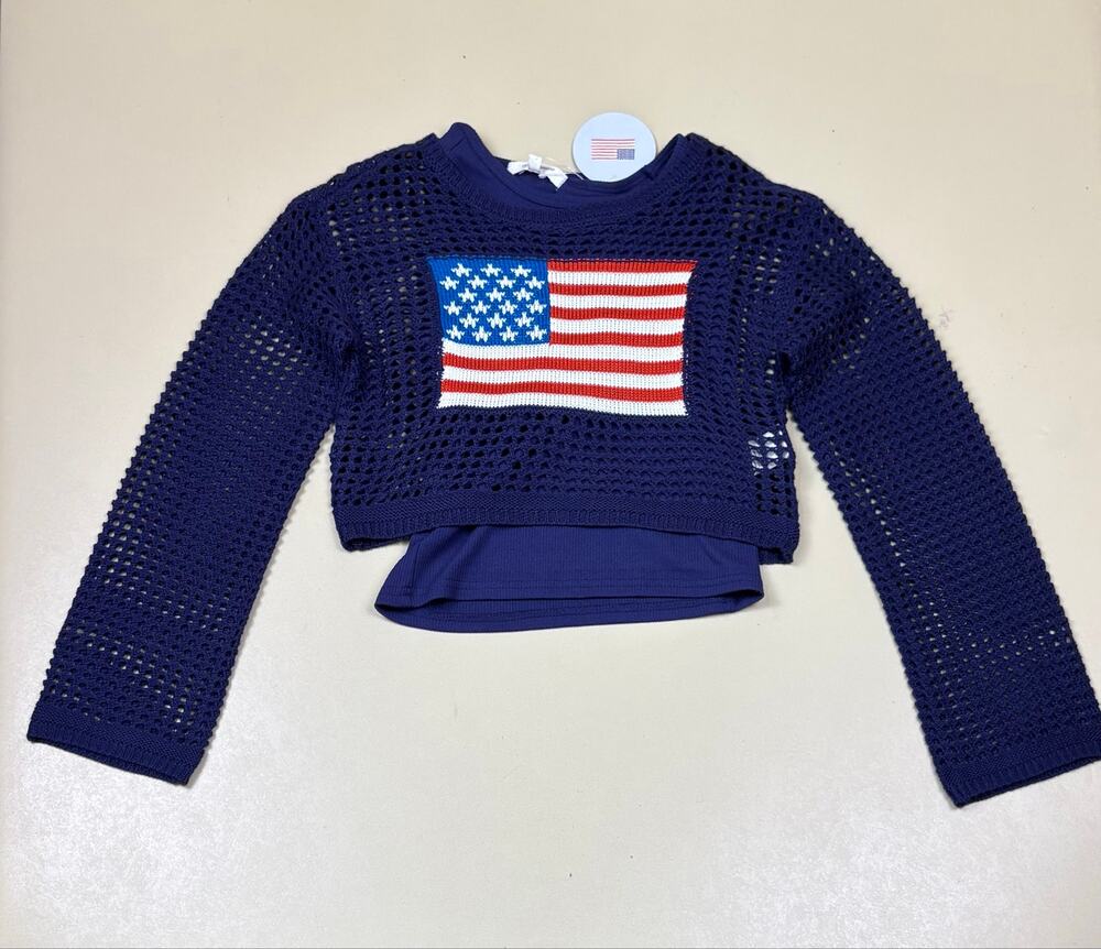 No Comment Girls 7/8 Navy Crochet American Flag 2 Piece Top Set NWT